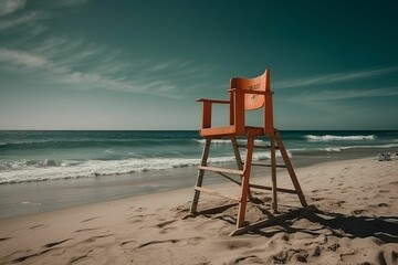 an orange chair sitting on top of a sandy beach next to the ocean