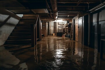 flooded basement with lit light - obrazy, fototapety, plakaty