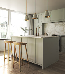 Green kitchen cabinet with wooden floor, dining table and bar chair. Modern luxury classic style with mint furniture. Decoration plants in vase. 3d rendering. High quality 3d illustration