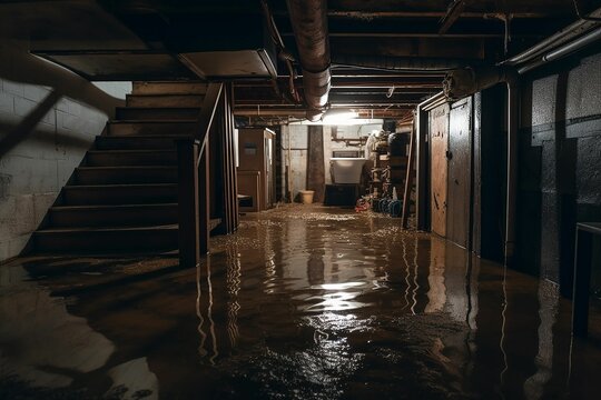 flooded basement with lit light