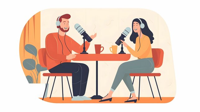 AI generated illustration of a professional man and a woman engaged in a podcasting session