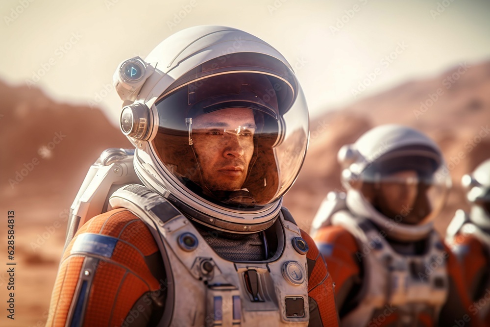 Poster ai generated image of astronauts in space suits and helmets on blurred background