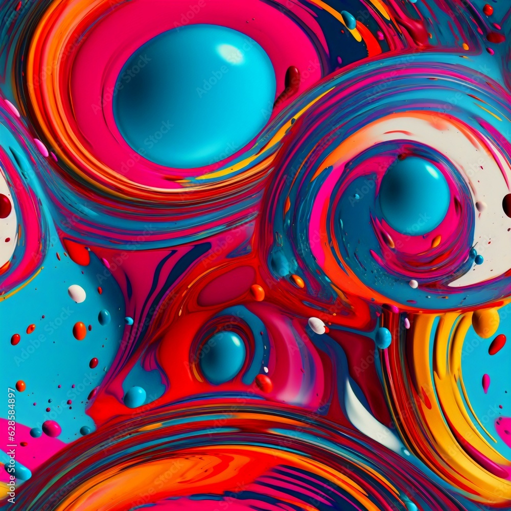 Poster an abstract painting with colorful circles and bubbles on it's surface