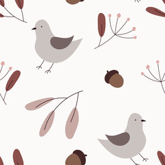 Autumn seamless pattern with birds, leaves, berries and acorns. Vector illustration