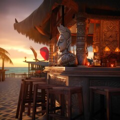 AI generated illustration of a beach cafe with tiki statues, overlooking the tranquil ocean