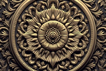 3d rendering of an ornate gold medallion on a black background
