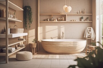 Interior of a bathroom on a sunny day. two shelves, a lamp, a sink, and a bathtub. Interior design concept. Toned picture. a mockup. Generative AI