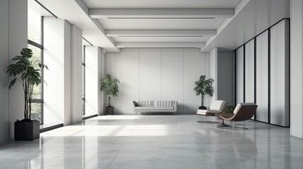 AI generated illustration of an interior shot of a large, empty room with multiple windows