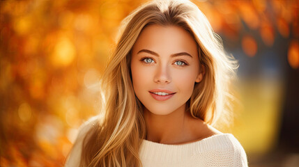 Obraz premium Beautiful woman portrait in autumn park. orange leaves