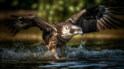 Fototapeta premium AI-generated illustration of a majestic bald eagle soaring over a lake.
