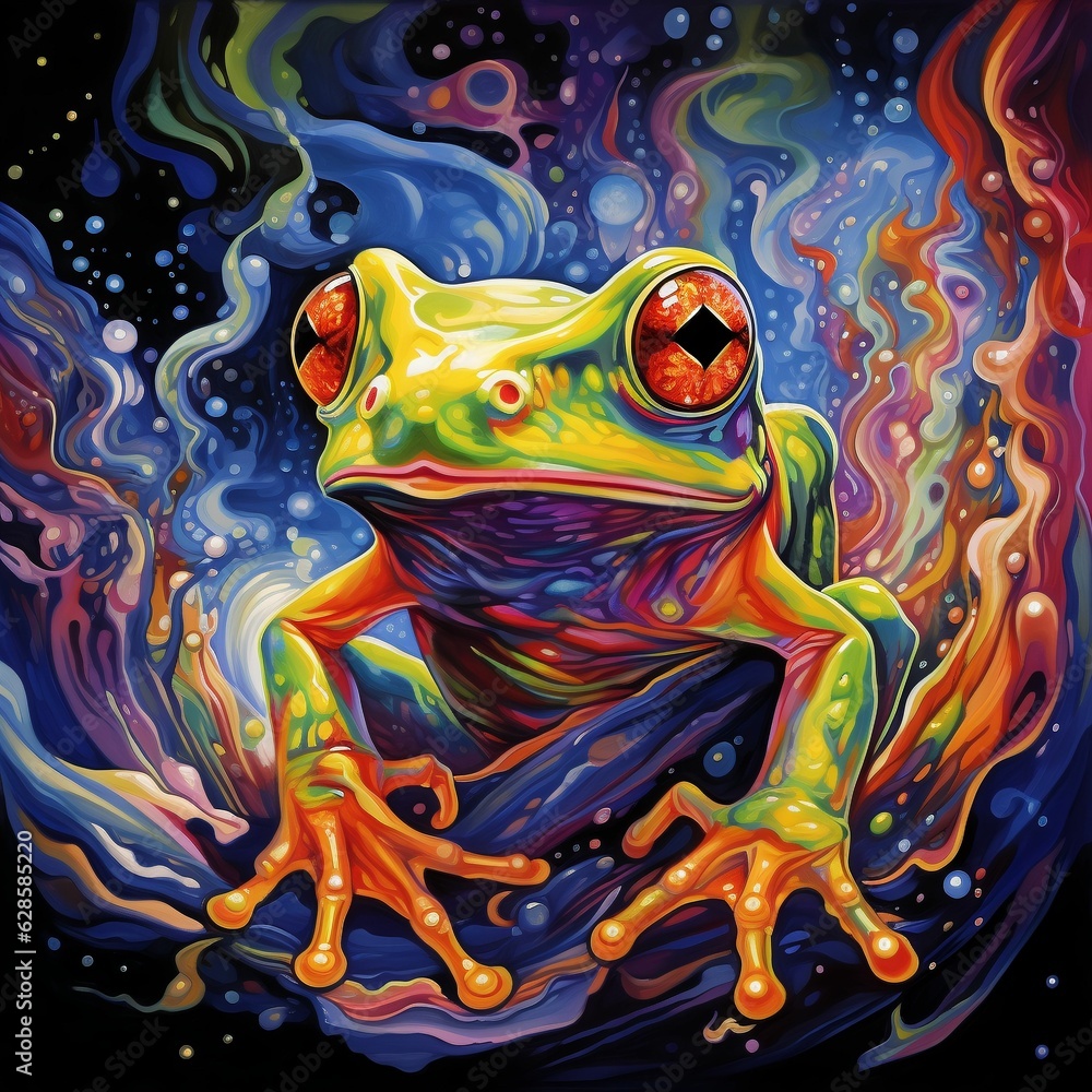 Poster ai generated illustration of an exotic tree frog floating against a vibrant abstract pattern