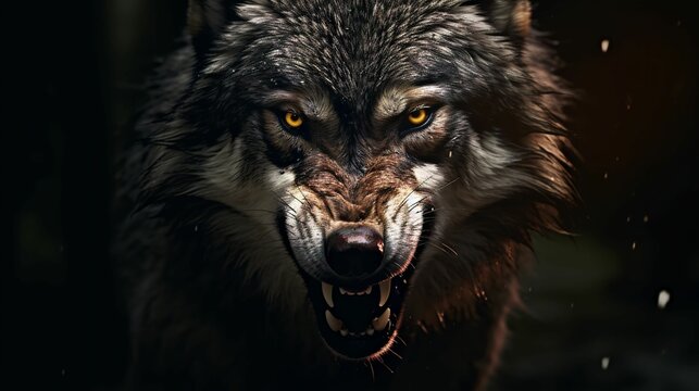 AI generated illustration of a gray wolf's head with its mouth open, showing off its sharp teeth