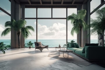 A tropical interior with palms and a huge window with a view of the ocean below, ai-generated