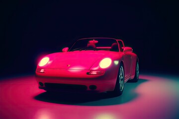 AI generated illustration of a pink hue illuminating  a car as its lights beam brightly in the night
