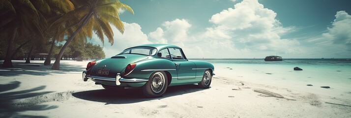 AI generated illustration of a blue vintage car parked on a sandy beach - obrazy, fototapety, plakaty