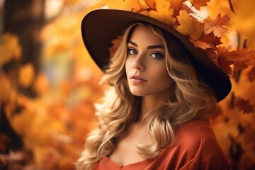 a beautiful blonde woman in a hat with autumn leaves