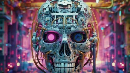 Futuristic mechanical skull cover in Circuits With Eyes Glowing in Magenta and Blue. - A.I Generated