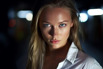 a beautiful blonde woman with blue eyes in the dark