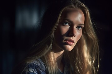 Fototapeta premium a beautiful blonde woman with blue eyes in the dark