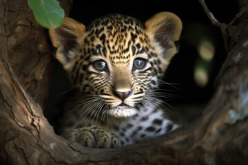 Obraz premium AI generated illustration of a cute spotted leopard baby on a tree