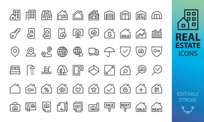 Real estate isolated icons set. Set of  commercial property, house price, home location, for rent sign, for sale sign, real estate app, home key, online database, garage, warehouse vector icon - obrazy, fototapety, plakaty