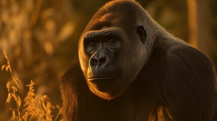 AI generated illustration of a gorilla stands in the fading light of the setting sun.