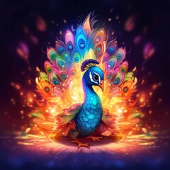AI generated illustration of a majestic peacock perched atop a colorful explosion of fireworks