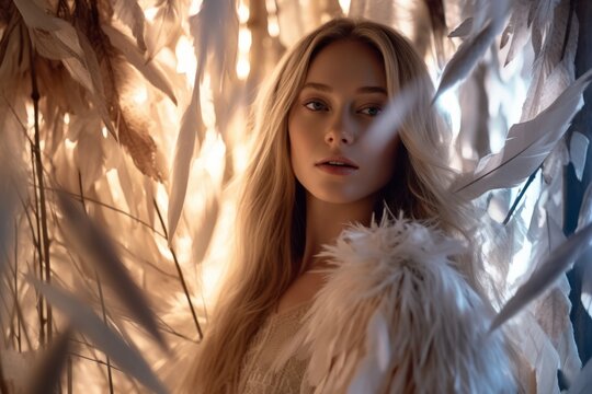 A Beautiful Blonde Woman With Feathers In Her Hair