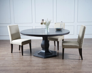 modern dining room with table and black round table set on wood floor in white background