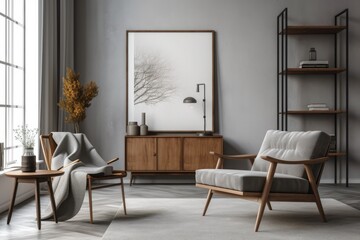 Interior mock up of a blank wooden framed blank poster in a gray living room with a wooden couch, a coffee table with a vase and books, and an armchair. Generative AI