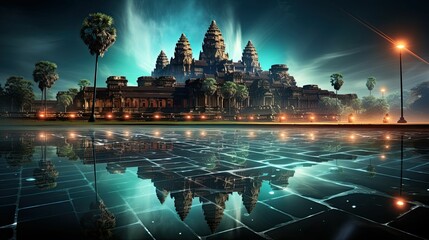 Naklejka premium AI generated illustration of the ancient Angkor Wat temple complex in Siem Reap, Cambodia
