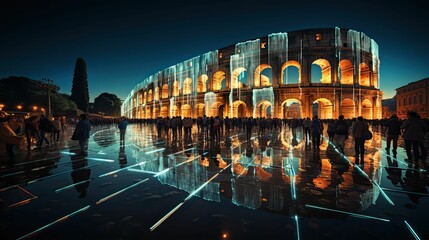 AI generated illustration of the iconic Colosseum in Rome, Italy illuminated by warm lights at night