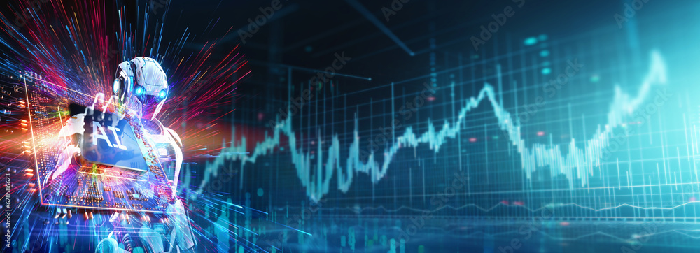 Poster concept of artificial intelligence for mechanized robot trading stock market,show ai word on microch