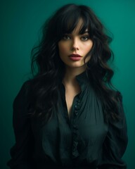 Fototapeta premium a beautiful woman with long black hair and a green background