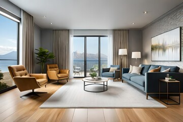 General view of luxury living room interior with armchairs, sofa and hanging basket chair.AI generated
