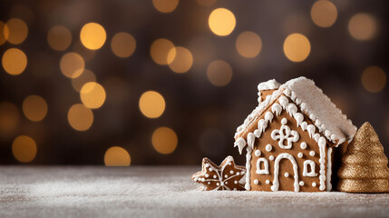 Gingerbread house background. Homemade Christmas Gingerbread House on table over blurred bokeh background. Christmas background with copy space. Happy new year and happy winter holidays concept