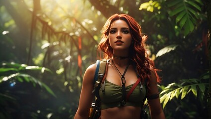 A female adventure in a jungle created with generative ai