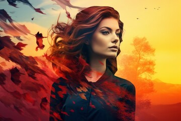 a beautiful woman with red hair is standing in front of a sunset with birds flying in the background - Powered by Adobe