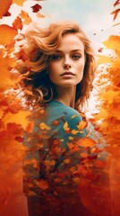 a beautiful woman with red hair is surrounded by autumn leaves