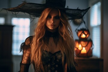 a beautiful young woman in a witch costume