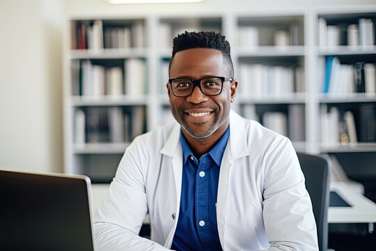 Smiling African-American male doctor in his office looking at camera. Middle aged man sitting in front of laptop monitor in his office.