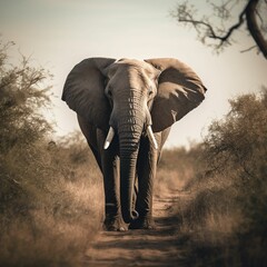 AI generated illustration of an African elephant ttravelling through a lush green grassy field