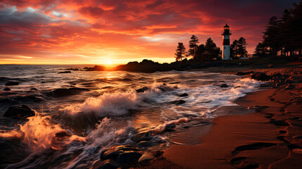 A serene beach scene at sunset with waves gently lapping against the shore and a distant lighthouse