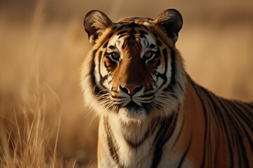 AI generated illustration of a majestic Bengal tiger in a dry savannah