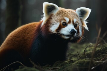 AI generated illustration of a cute red panda in a wooded area