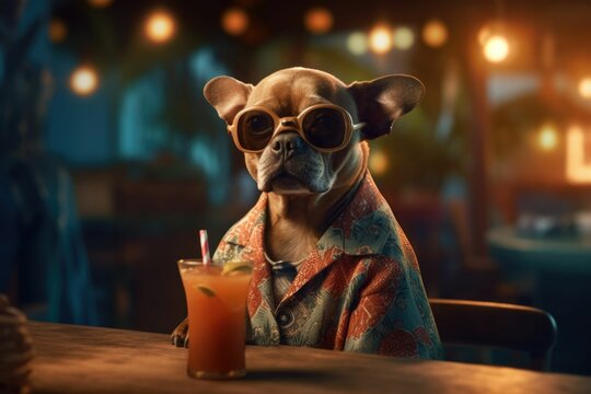 AI-generated illustration of a dog in a shirt and sunglasses sitting in the bark with a drink.