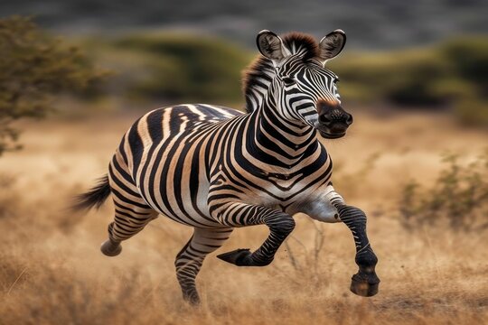 AI-generated illustration of a zebra galloping through a grassland.
