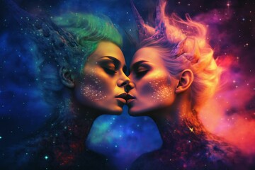 Obraz premium Lesbian couple in a zero-gravity environment, connecting noses in a tender expression - Ai generated