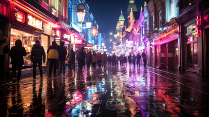The vibrant nightlife of a city with neon signs illuminating the streets and people enjoying their night out