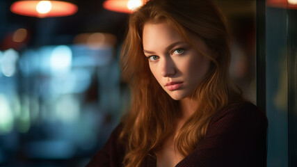 Obraz premium a beautiful young woman with red hair in a dark room